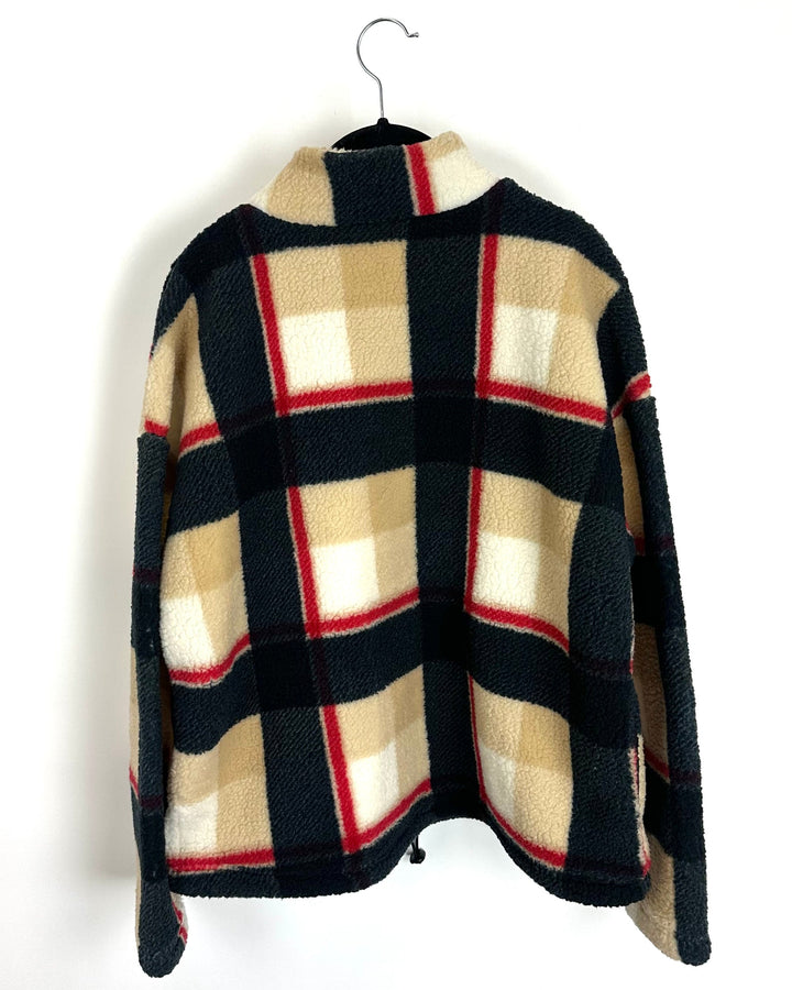 Cream, Red and Black Plaid Quarter Zip Sherpa - Size 6/8