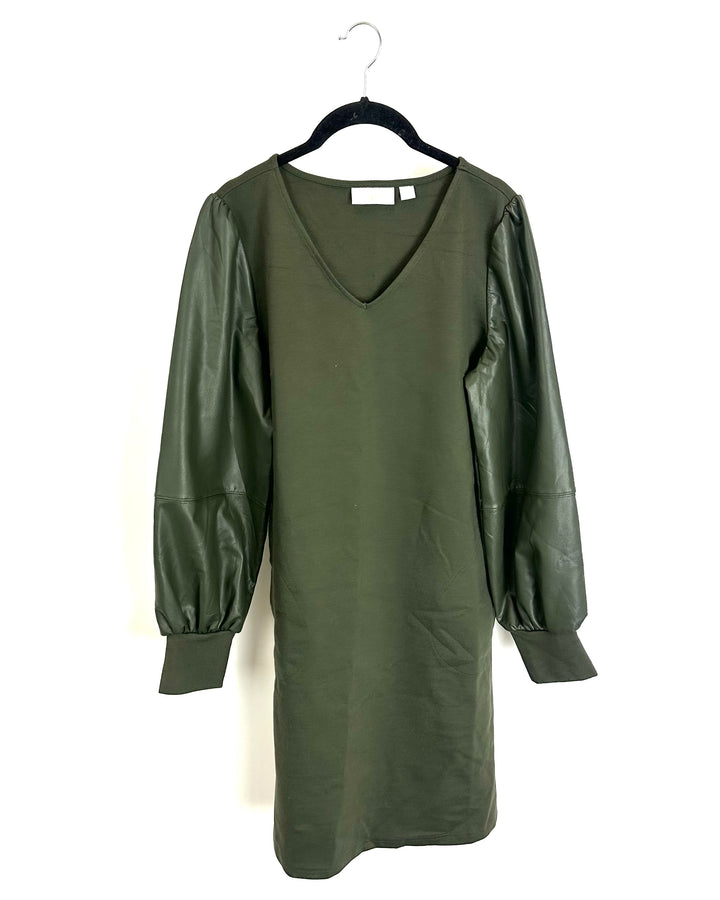 Army Green Faux Leather Sleeve Dress - Size 6/8