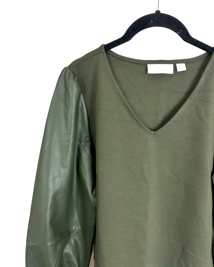 Army Green Faux Leather Sleeve Dress - Size 6/8