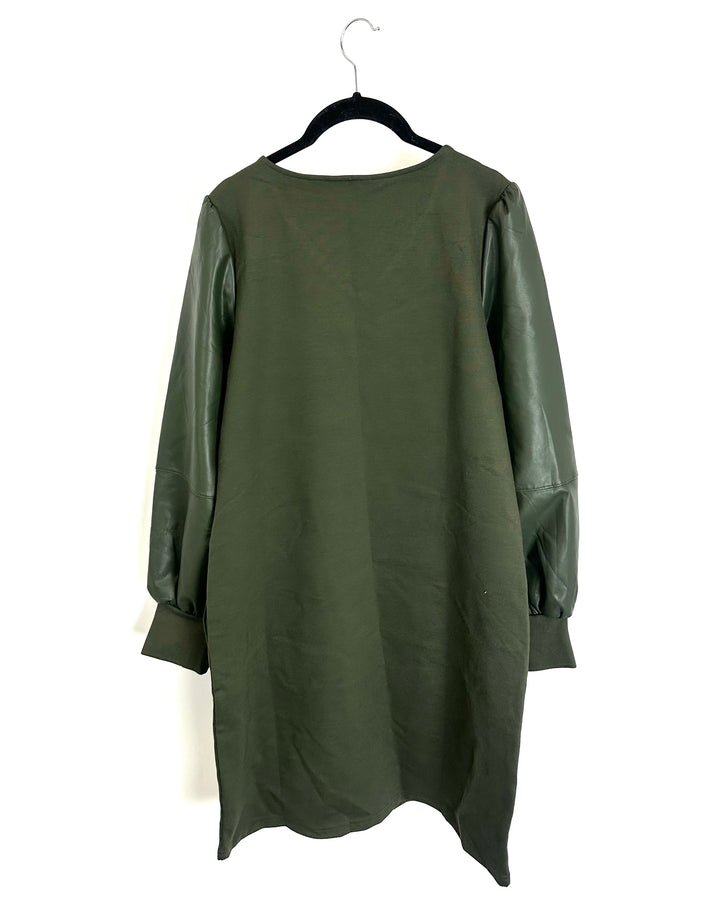 Army Green Faux Leather Sleeve Dress - Size 6/8