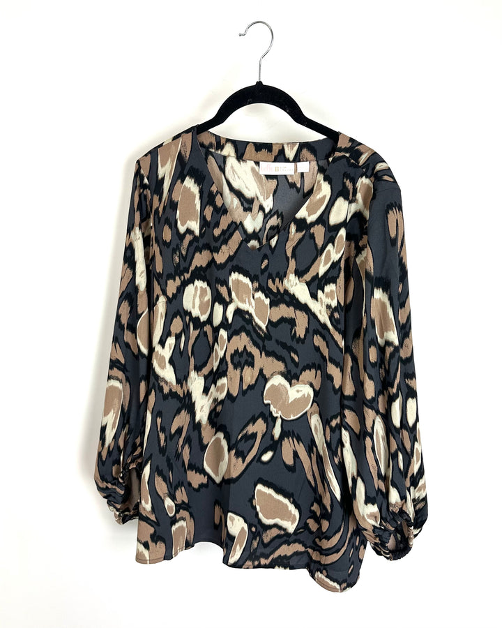 Grey with Brown Abstract Blouse - Size 6/8