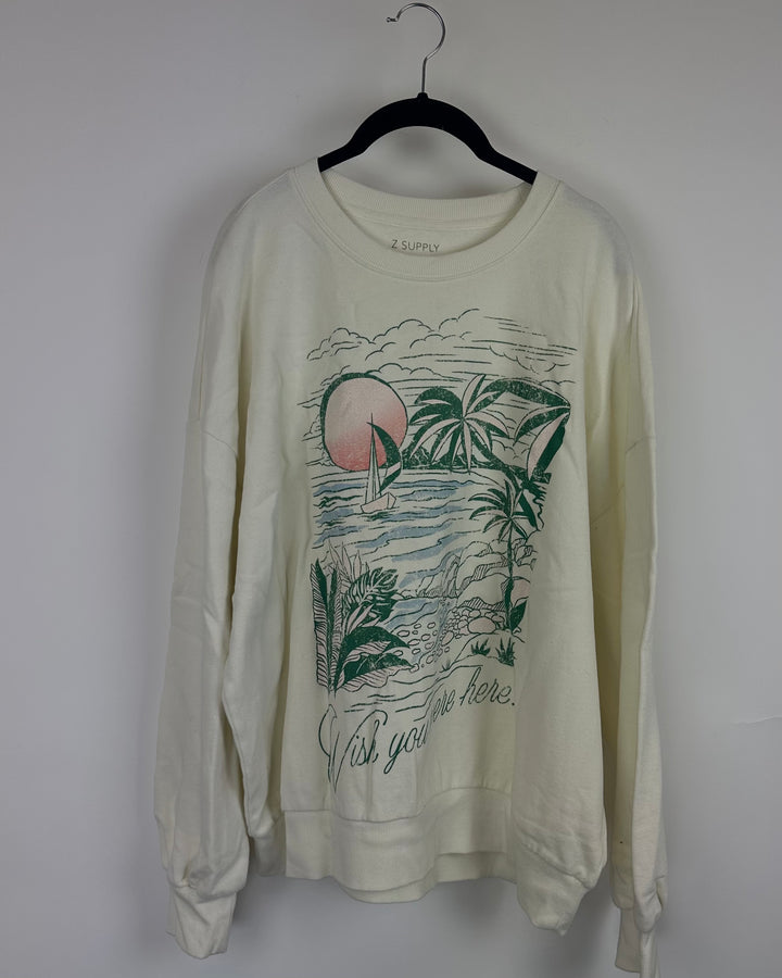 White "Wish you Were Here" Graphic Sweatshirt-  Size 2/4