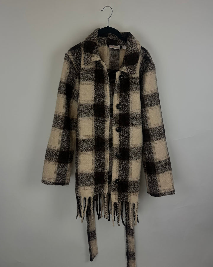 Brown And White Plaid Fringe Jacket - Size 6/8