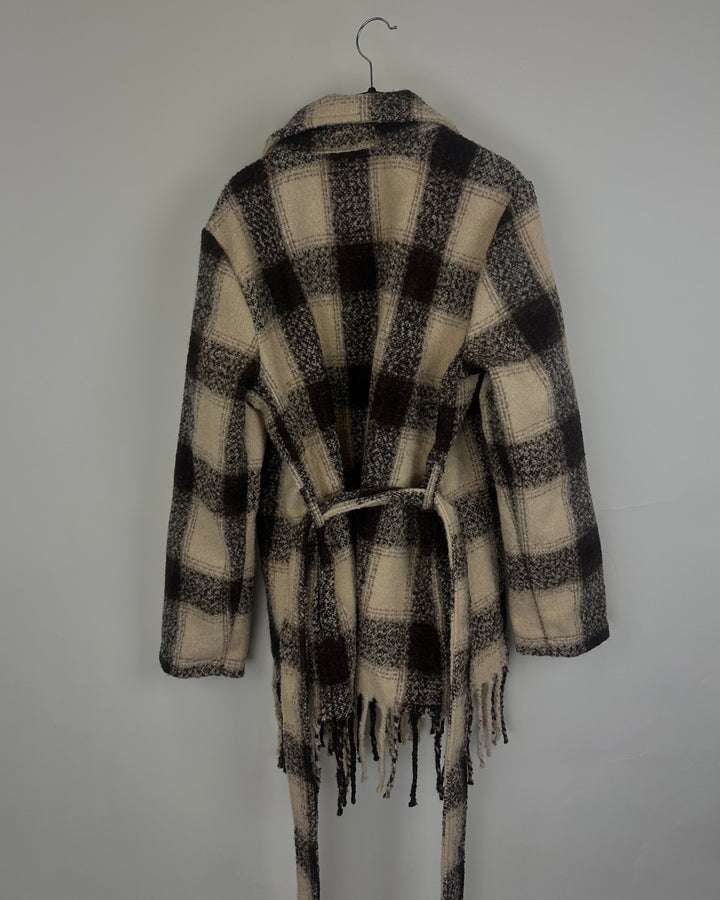 Brown And White Plaid Fringe Jacket - Size 6/8