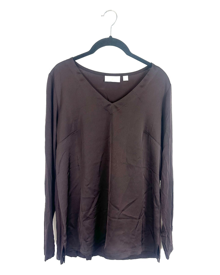 Dark Brown V Neck Long Sleeve Top - Size 6/8