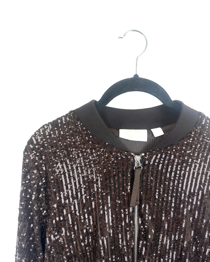Chocolate Brown Sequin Bomber Jacket - Size 6/8