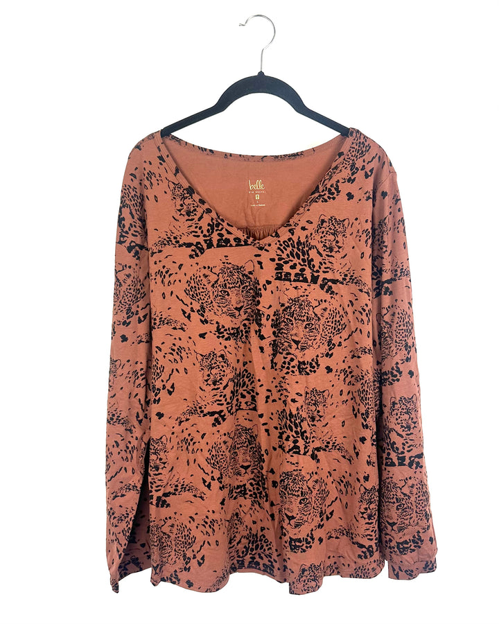 Brown And Black Animal Print Long Sleeve Top - Size 14/16