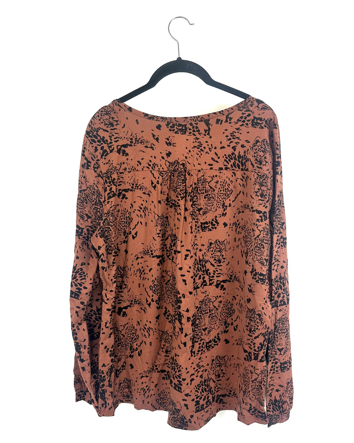 Brown And Black Animal Print Long Sleeve Top - Size 14/16