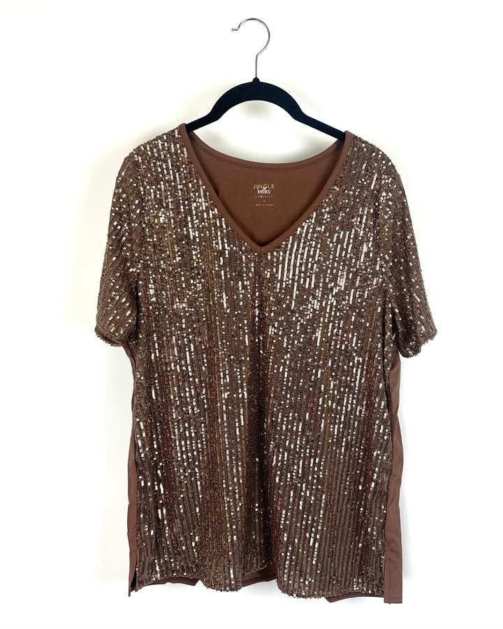 Light Brown Short Sleeve Sequin Top - Size 6/8