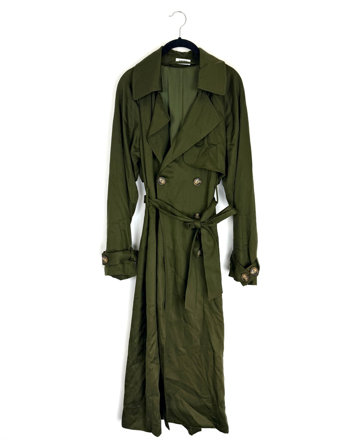 Olive Green Long Trench Coat - Size 2/4