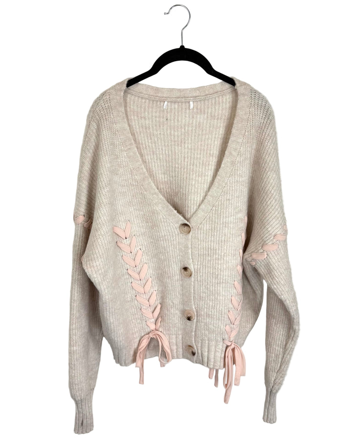 Beige and Pink Bow Cardigan - Size 18/20