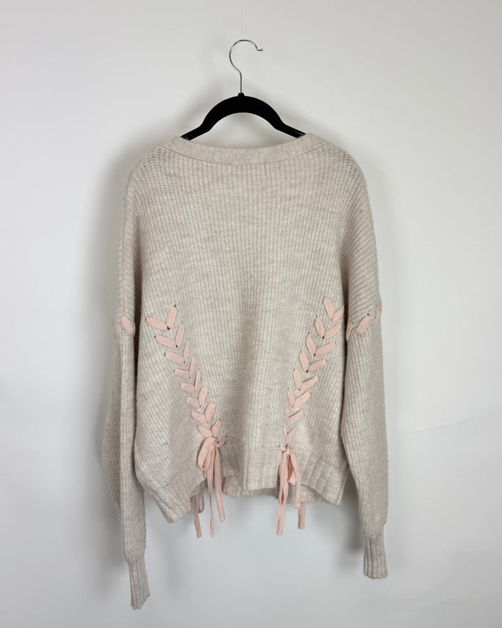 Beige and Pink Bow Cardigan - Size 18/20