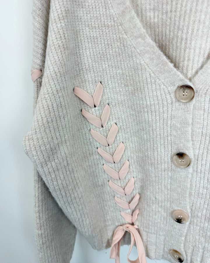 Beige and Pink Bow Cardigan - Size 18/20