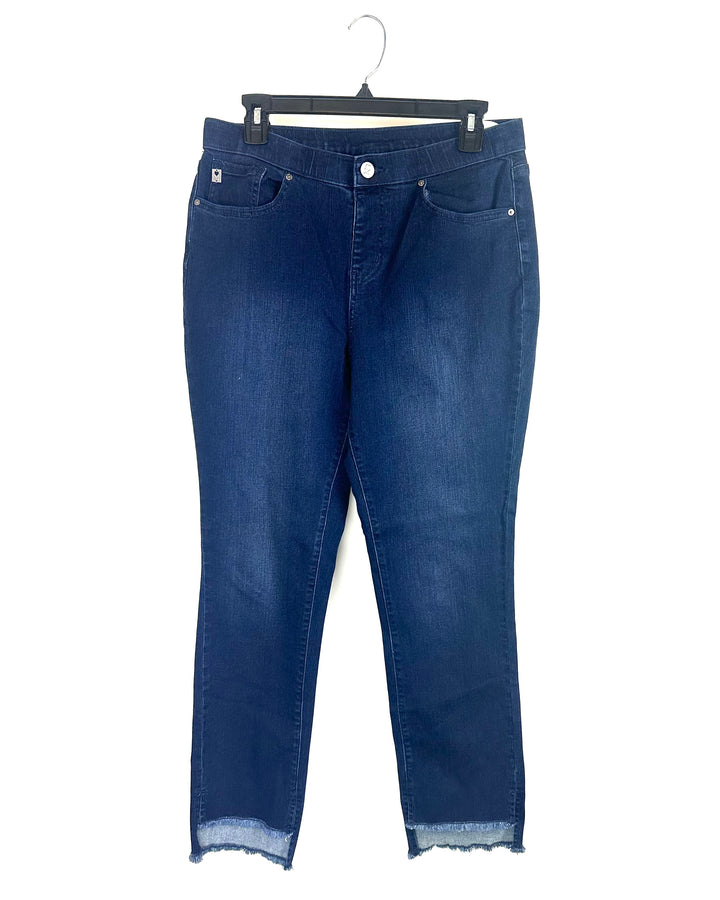 Midnight Blue Frayed Asymmetrical Hem Jeans - Size 12