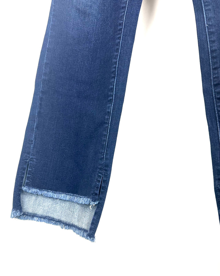 Midnight Blue Frayed Asymmetrical Hem Jeans - Size 12