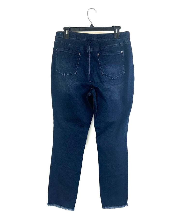 Midnight Blue Frayed Asymmetrical Hem Jeans - Size 12