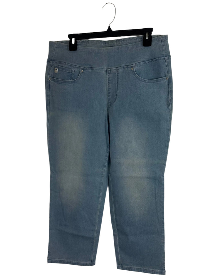 Faded Light Wash Elastic Waistband Jeans - Size 12