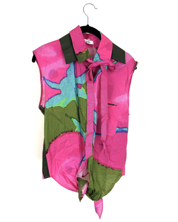 Pink and Green Sleeveless Button Down Top - Size 4/6