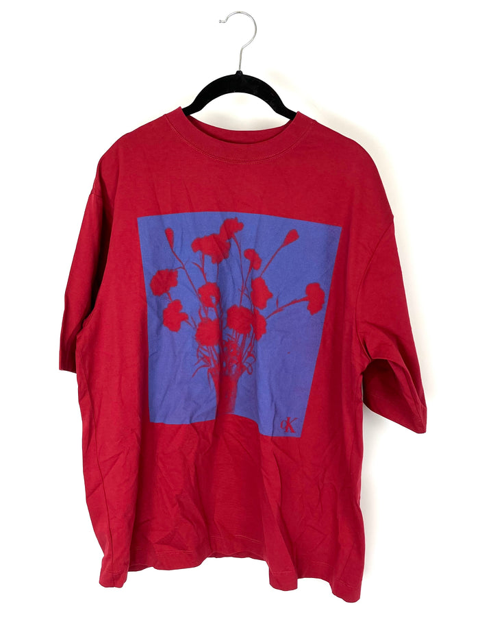 Unisex Red and Blue Bouquet Print Short Sleeve Top - Medium