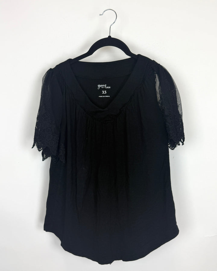 Black Sheer Lace Sleeve T Shirt - Size 2/4, 4/6