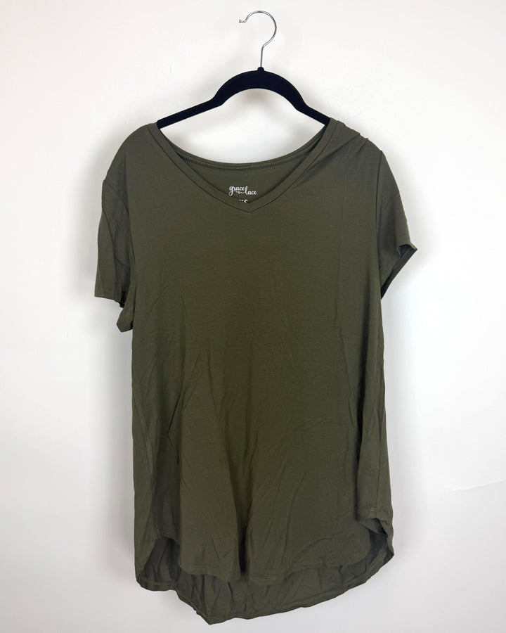 Army Green V Neck T Shirt - Size 2/4