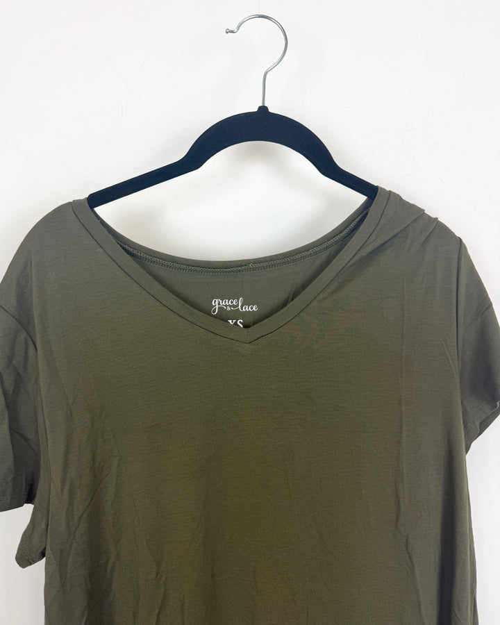 Army Green V Neck T Shirt - Size 2/4