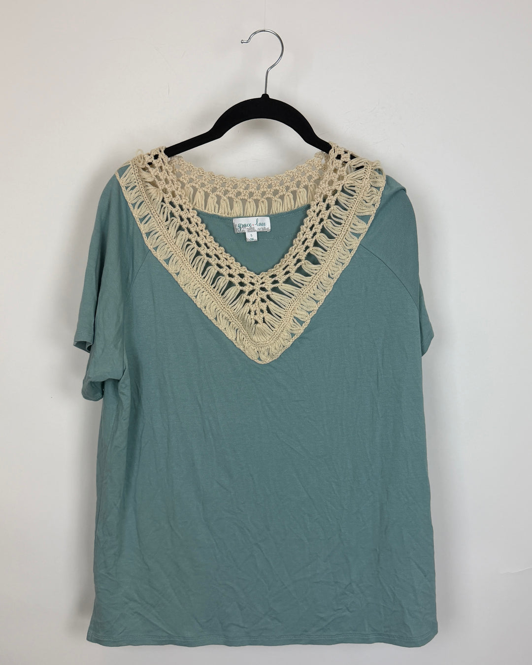 Aqua Blue Crochet Detail T Shirt - Size 4/6