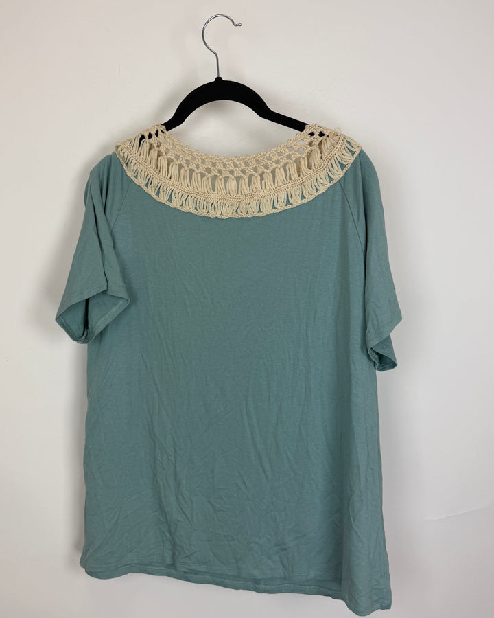 Aqua Blue Crochet Detail T Shirt - Size 4/6
