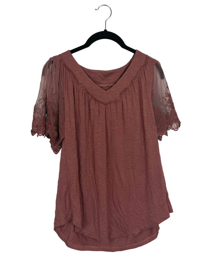 Coral Pink Sheer Lace Sleeve T Shirt - Size 2/4
