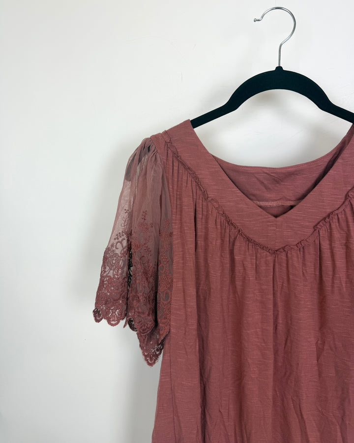 Coral Pink Sheer Lace Sleeve T Shirt - Size 2/4