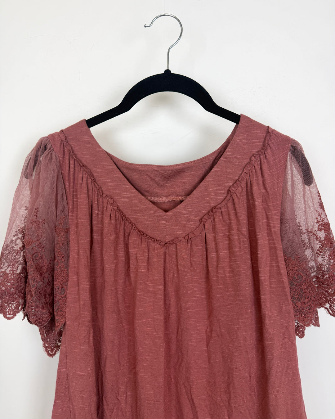 Coral Pink Sheer Lace Sleeve T Shirt - Size 2/4