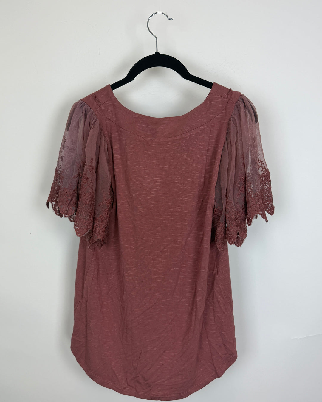 Coral Pink Sheer Lace Sleeve T Shirt - Size 2/4