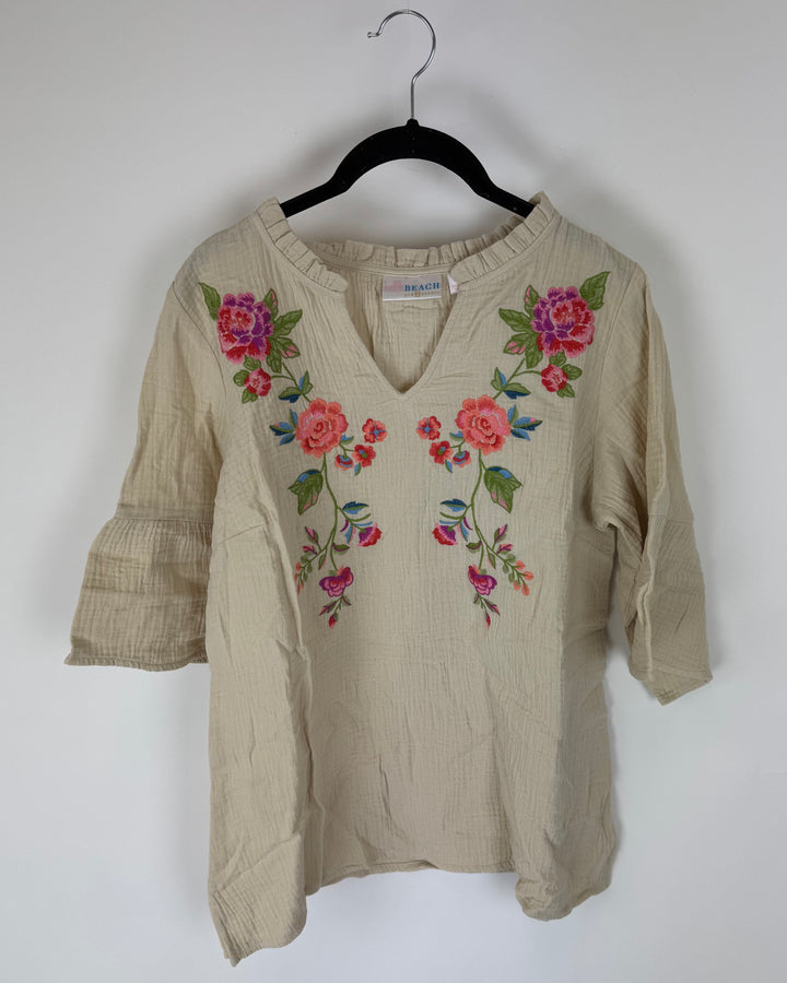 Beige Floral Embroidered Top - Size 6/8
