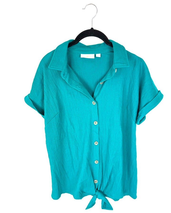 Teal Button Down Tie Top - Size 6/8