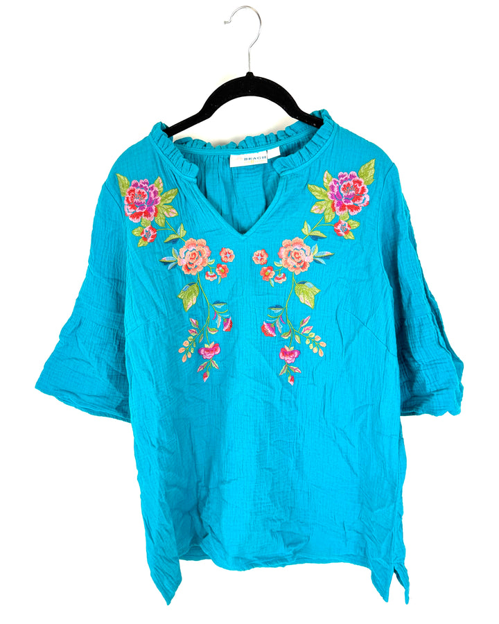 Neon Blue Floral Embroidered Top - Size 6/8