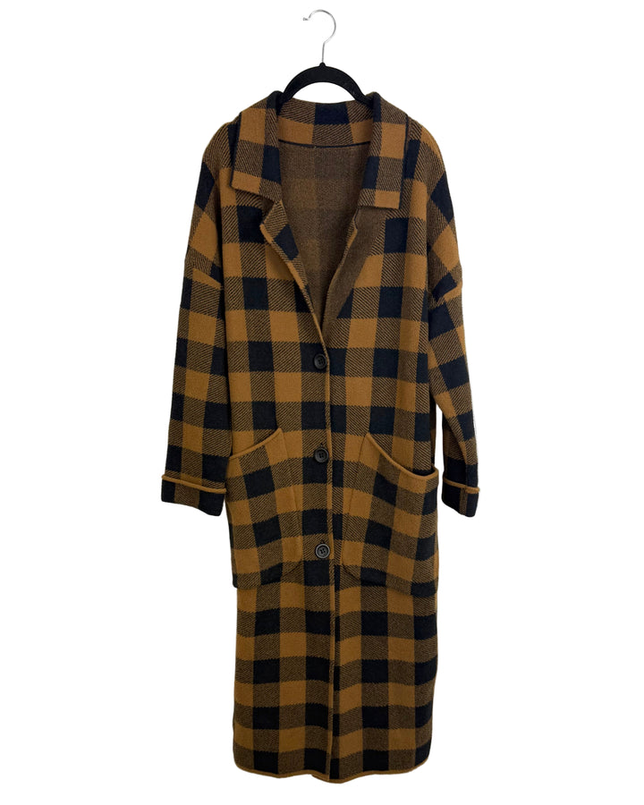 Brown Checkered Long Sweater - Size 8/10