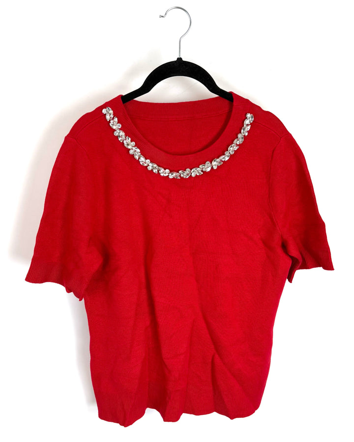 Red Rhinestone Neck Sweater - Size 6/8