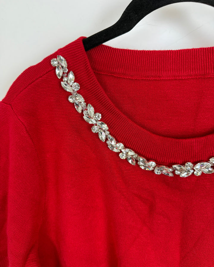 Red Rhinestone Neck Sweater - Size 6/8