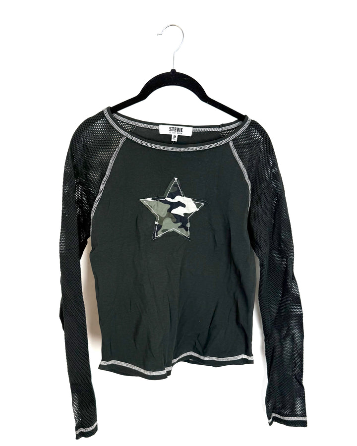 Camo Star Mesh Sleeve Top - Size 4/6
