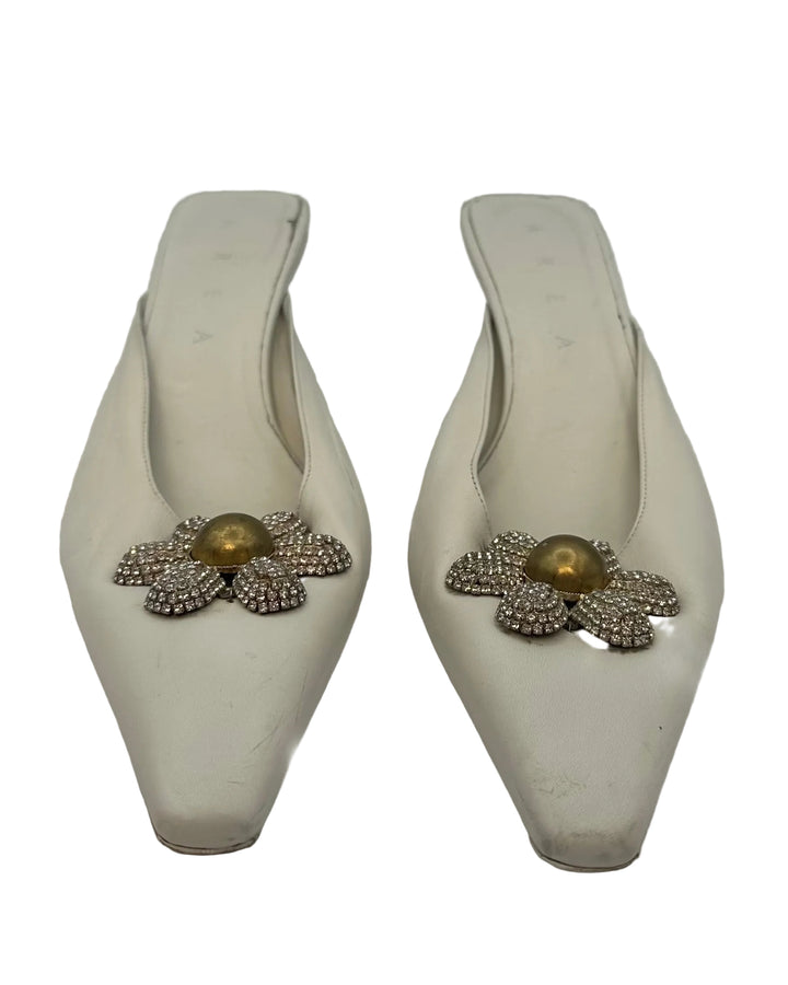 White Floral Gem Stone Kitten Heels - Size 38