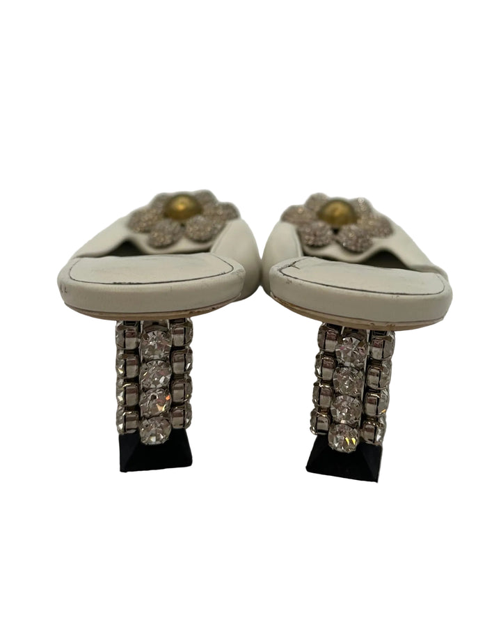 White Floral Gem Stone Kitten Heels - Size 38