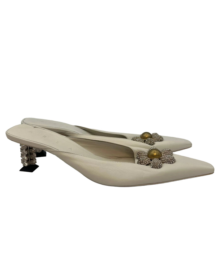 White Floral Gem Stone Kitten Heels - Size 38