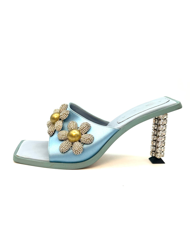 Baby Blue Satin Floral Square Toe Heels - Size 40