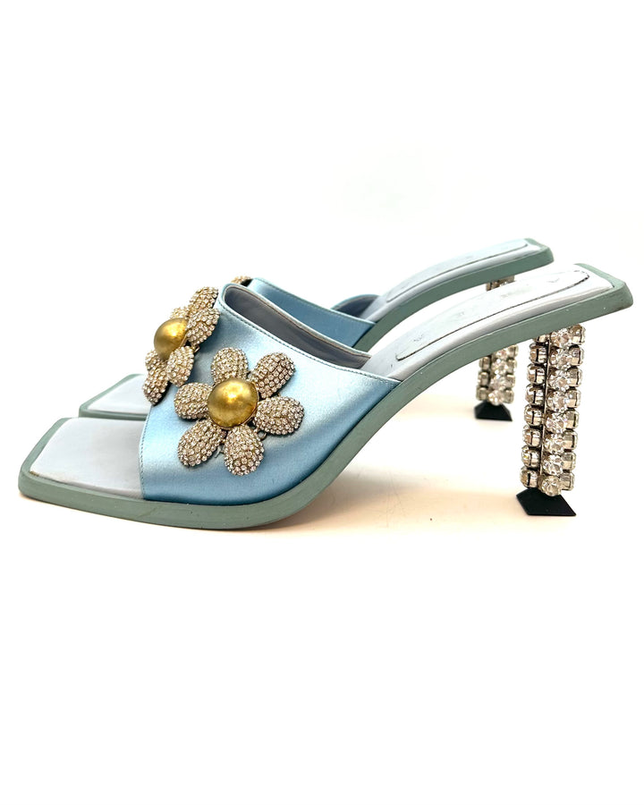 Baby Blue Satin Floral Square Toe Heels - Size 40