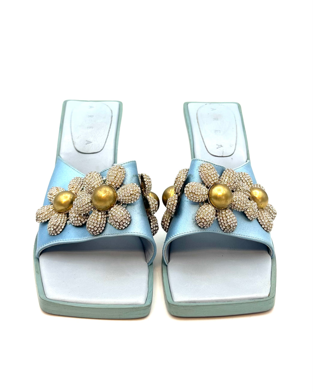 Baby Blue Satin Floral Square Toe Heels - Size 40