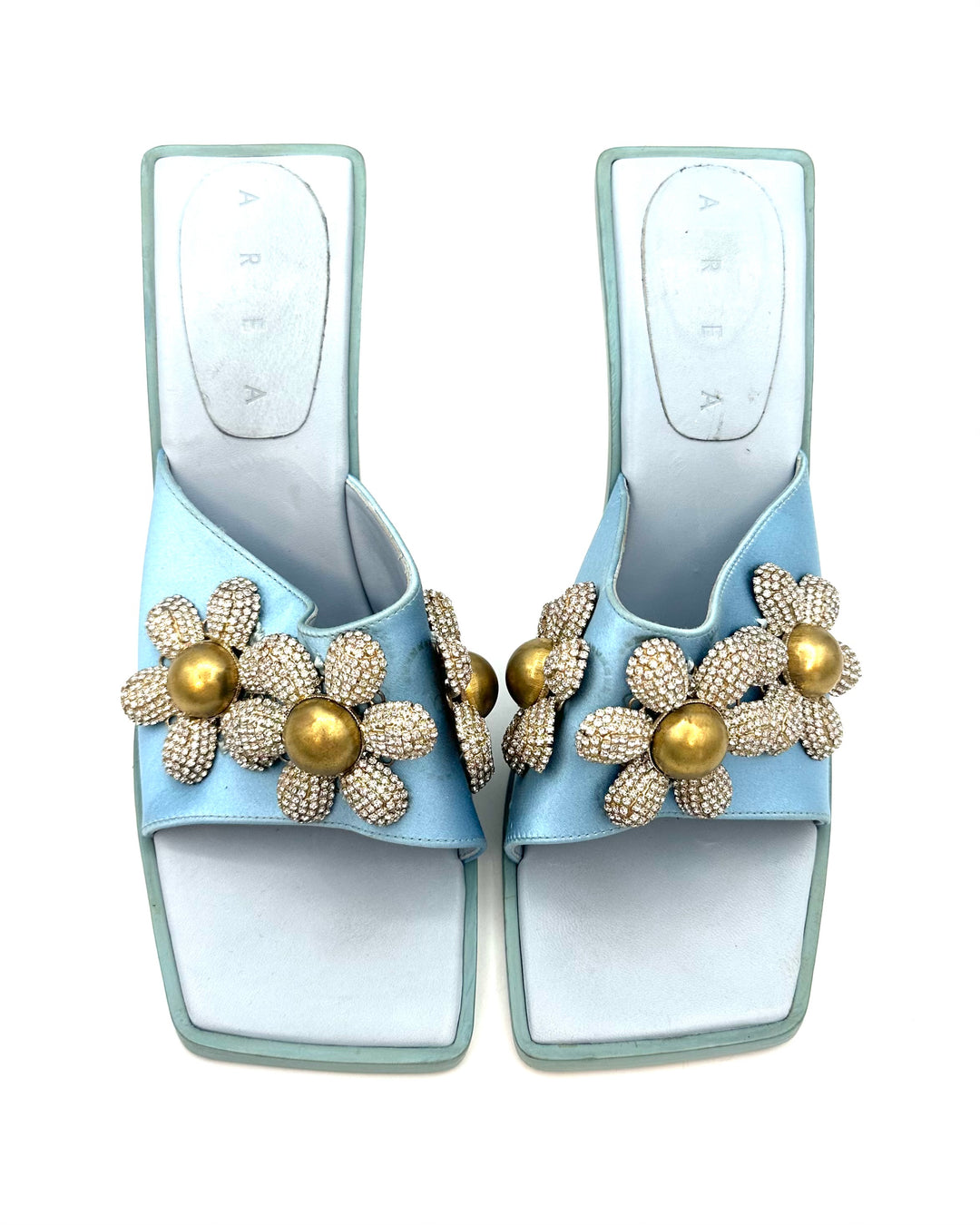 Baby Blue Satin Floral Square Toe Heels - Size 40