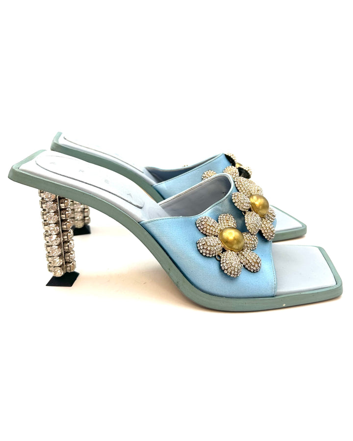 Baby Blue Satin Floral Square Toe Heels - Size 40