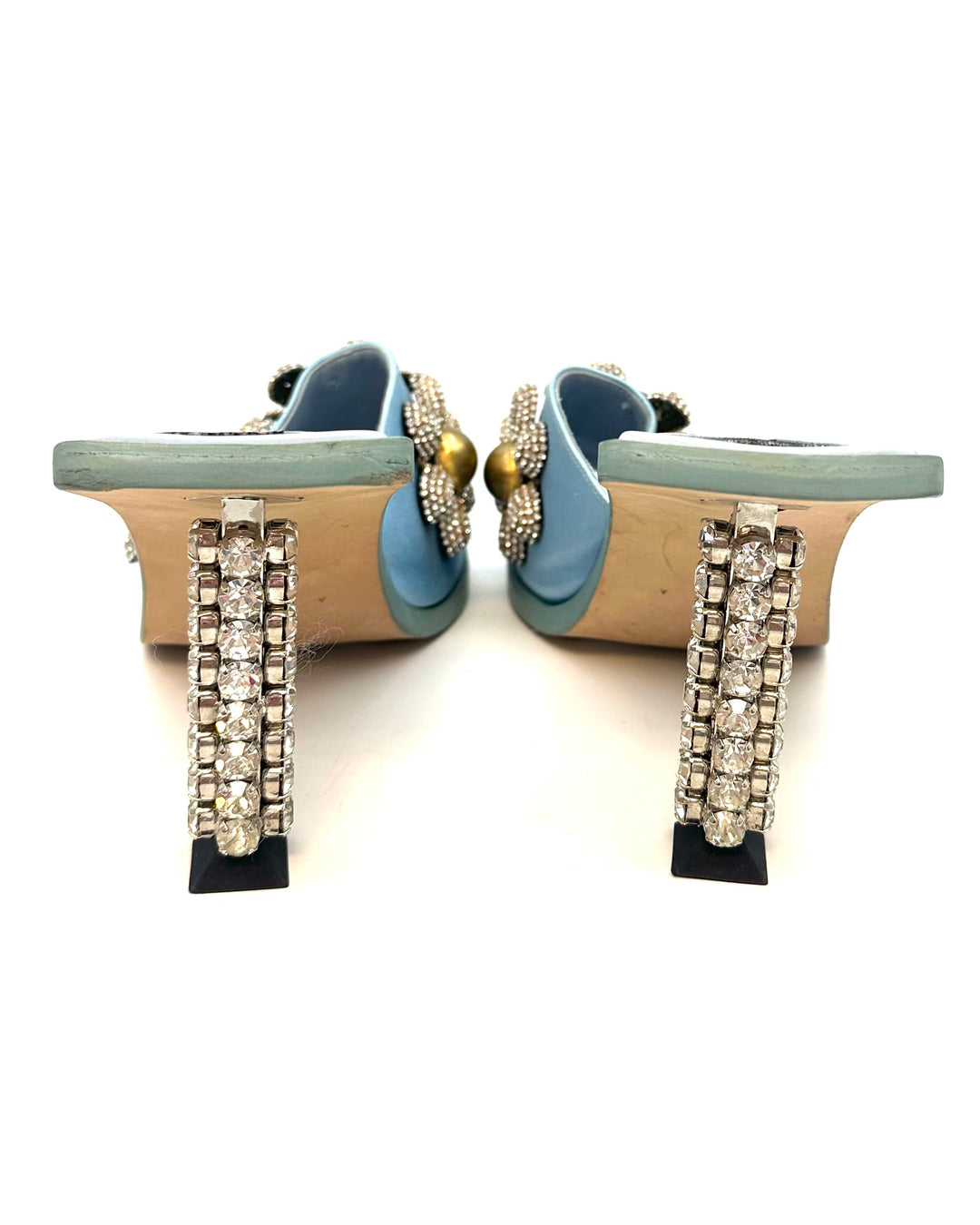 Baby Blue Satin Floral Square Toe Heels - Size 40
