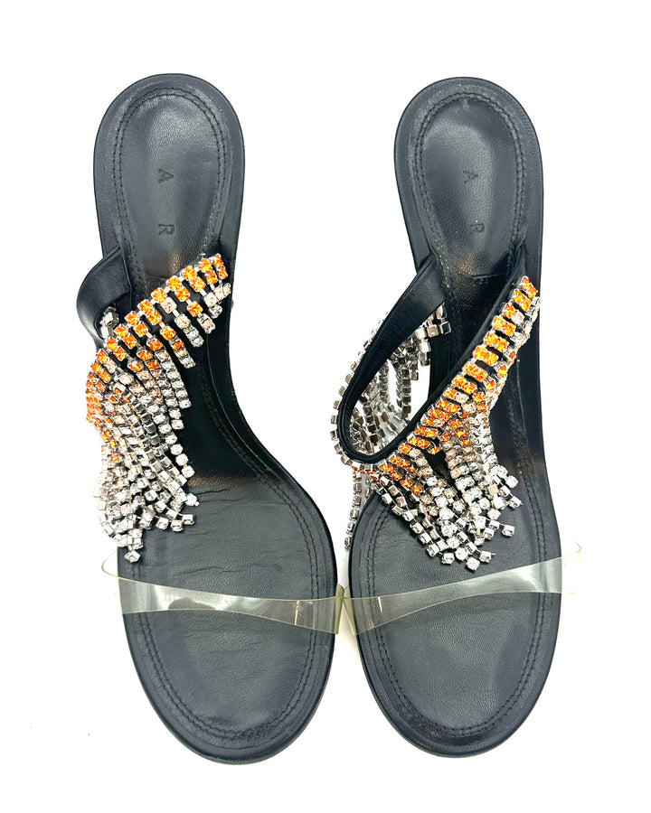 Black and Orange Rhinestone Fringe Heels - Size 40