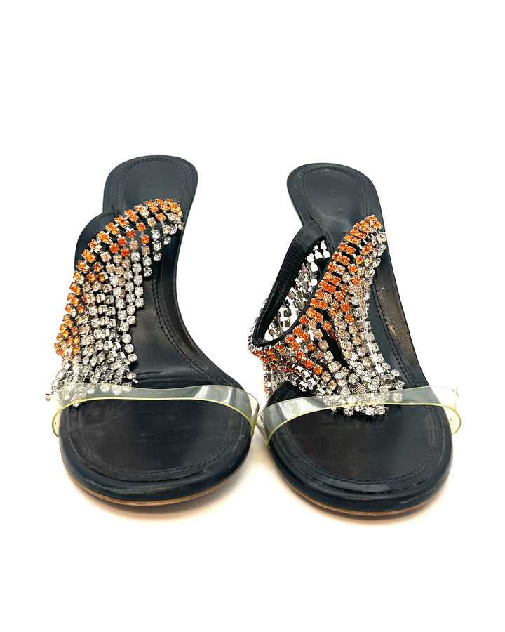 Black and Orange Rhinestone Fringe Heels - Size 40